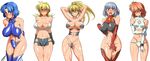  bare_shoulders blonde_hair blue_eyes blue_hair blush braid breasts cosplay covered_nipples elbow_gloves excellen_browning frown gloria_(daphne_in_the_brilliant_blue) gloria_(daphne_in_the_brilliant_blue)_(cosplay) gloves green_eyes hayama_shizuka hayama_shizuka_(cosplay) heterochromia highres hikari_to_mizu_no_daphne honjou_rena honjou_rena_(cosplay) ibis_douglas katina_tarask kusuha_mizuha large_breasts maebari mizuki_maia mizuki_maia_(cosplay) multiple_girls one_eye_closed open_mouth pepo_(absolute1123) ponytail purple_eyes red_eyes red_hair revealing_clothes seolla_schweizer shiny shiny_skin silver_hair smile super_robot_wars tears thigh_gap thighhighs white_background yuu_park yuu_park_(cosplay) 