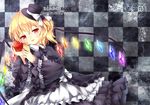  :p alternate_costume apple black_dress black_ribbon blonde_hair blush bow checkered checkered_background dress flandre_scarlet food fruit glowing glowing_wings gothic_lolita hat hat_ribbon holding holding_food holding_fruit layered_dress lolita_fashion long_sleeves looking_at_viewer mimi_(mimi_puru) neck_ribbon puffy_long_sleeves puffy_sleeves red_apple red_eyes ribbon short_hair side_ponytail smile solo tongue tongue_out touhou white_bow wide_sleeves wings 