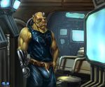  brown_eyes bulge clothed clothing cyborg green_skin looking_at_viewer male motaro_(artist) orc orch ork pants pants_bulge prosthetic sci-fi shirt solo standing tank_top teeth unzipped zipper 