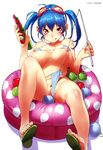  :q bikini blue_hair breasts feet highres innertube large_breasts light_smile long_hair looking_at_viewer nipples pubic_hair red_eyes sameda_koban sandals simple_background soles solo swimsuit toes tongue tongue_out twintails water_gun water_yoyo white_hair 