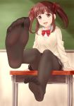  1girl brown_eyes brown_hair chalkboard classroom desk feet hair_ribbon idolmaster idolmaster_cinderella_girls long_hair looking_at_viewer no_shoes ogata_chieri open_mouth pantyhose pov pov_feet ribbon school_uniform sitting soles toes twintails 