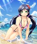  beach black_hair breasts cleavage day flower furyouhin_(bubumelon) green_eyes hair_flower hair_ornament happy_birthday large_breasts long_hair looking_at_viewer love_live! love_live!_school_idol_project pink_scrunchie scrunchie slingshot_swimsuit smile solo sunburst swimsuit toujou_nozomi twintails 