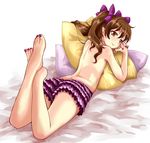  ass barefoot bow brown_hair checkered feet hair_bow hat highres himekaidou_hatate long_hair looking_at_viewer nail_art nail_polish nibi pillow pointy_ears sketch smile solo toenail_polish tokin_hat topless touhou twintails 