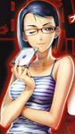  1girl bare_shoulders black_hair black_lagoon breasts cd cover cover_page crossed_arms glasses highres hiroe_rei li_xinlin medium_breasts official_art one_eye_closed red-framed_glasses short_hair solo spaghetti_strap striped wink 