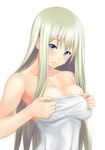  bare_shoulders blonde_hair blue_eyes breasts cleavage large_breasts light_smile long_hair looking_at_viewer muffin_(sirumeria) original simple_background solo towel upper_body white_hair 