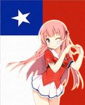  2014_fifa_world_cup ;) armband chile flag fuyuumi_ai hair_ribbon heart heart_hands long_hair looking_at_viewer lowres one_eye_closed ore_no_kanojo_to_osananajimi_ga_shuraba_sugiru pink_hair purple_eyes ribbon shirt smile soccer soccer_uniform solo sportswear third-party_edit world_cup yamasan 