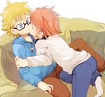  blonde_hair blue_eyes closed_eyes commentary glasses highres hood hoodie kiss male_focus multiple_boys myuu1995 orange_hair sweater yaoi 