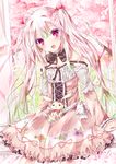  bad_id bad_pixiv_id bow bunny cherry_blossoms colored_eyelashes dress eyeshadow fang fence flower_(symbol) gradient_hair hair_ribbon looking_at_viewer makeup multicolored_hair open_mouth original pink_eyes pink_hair ribbon smile solo tetsu_tissue twintails 