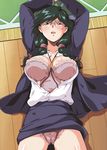  arms_up blush braid breasts bustier cameltoe e_rondon_boots glasses green_eyes green_hair large_breasts looking_at_viewer lying on_back open_clothes open_shirt panties shirt solo super_real_mahjong sweat tears twin_braids underwear 