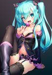  1girl animal_ears aqua_hair arm_at_side bangs bare_shoulders black_bra black_footwear black_jacket black_legwear black_skirt boots bow bra breasts butterfly_hair_ornament candy cleavage collarbone fingernails food garter_straps grey_nails hair_between_eyes hair_ornament hatsune_miku highres jacket knee_boots knee_up layered_skirt licking lollipop long_fingernails long_hair long_sleeves looking_at_viewer medium_breasts miniskirt nail_polish navel ninopal off_shoulder open_clothes open_jacket open_mouth partially_unbuttoned pink_bow project_diva_(series) saliva shiny shiny_hair sitting skirt solo thighhighs tongue tongue_out twintails underwear very_long_hair vocaloid 