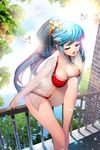  ;o against_railing aurora_(devil_maker) bangs bare_legs barefoot bird blue_eyes blue_hair bra breasts cleavage devil_maker hair_ornament hand_to_own_mouth highres large_breasts leaning_forward leg_up lens_flare long_hair one_eye_closed open_clothes open_shirt panties ponytail railing red_bra red_panties rheez see-through shirt sitting solo sparkle star star_hair_ornament sunlight swept_bangs tears underwear very_long_hair yawning 