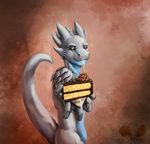  anthro beautiful birthday brown_background cake candle chocolate_icing claws dagger dragon drayk drayk_dagger drayky fire food happy horn knife lizard looking_at_viewer male motaro motaro_(artist) nude painting plain_background reptile scales scalie shurian solo spikes standing weapon yellow_cake 