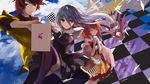  3girls bad_id bad_pixiv_id checkered closed_eyes dutch_angle halo hands_clasped jibril_(no_game_no_life) long_hair looking_at_viewer multiple_girls navel no_game_no_life notebook open_mouth own_hands_together purple_hair red_eyes red_hair school_uniform serafuku shiro_(no_game_no_life) short_hair silver_hair sketch sky smile sora_(no_game_no_life) stephanie_dora swd3e2 tablet_pc thighhighs upside-down white_wings wings 
