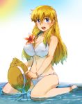  1girl anklet bare_legs bare_shoulders barefoot bikini blonde_hair blue_eyes blush bracelet breasts cleavage collarbone commentary_request eyebrows_visible_through_hair flower fuurinji_miu hannpen5500 hat holding holding_hat jewelry long_hair medium_breasts navel open_mouth outdoors red_flower shijou_saikyou_no_deshi_ken&#039;ichi sidelocks simple_background sitting solo straw_hat swimsuit thighs upper_teeth wading wariza water white_bikini 