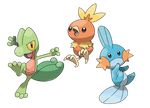  absurdres highres mudkip nintendo no_humans official_art open_mouth pokemon pokemon_(game) pokemon_oras simple_background sugimori_ken tongue torchic treecko white_background 