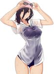  black_hair blush breasts brown_eyes character_request commentary_request goggles large_breasts ogros one-piece_swimsuit school_uniform serafuku shirt solo swim_cap swimsuit wet wet_clothes wet_shirt 