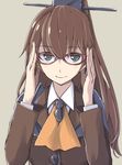  bespectacled brown_hair glasses green_eyes hair_ornament hand_on_eyewear kamukamu_(ars) kantai_collection kumano_(kantai_collection) long_hair ponytail school_uniform simple_background smile solo 