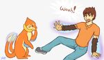  brown_hair buizel duo electrikedeathstrike english_text fur hair human magic male mammal mischievous nintendo orange_fur pok&#233;mon pok&eacute;mon surprise text transformation video_games 