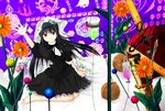  akemi_homura barefoot bed black_hair blanket dress flower funeral_dress hairband highres intravenous_drip long_hair looking_at_viewer mahou_shoujo_madoka_magica mahou_shoujo_madoka_magica_movie needle nut_(food) outstretched_arm purple_eyes ruler sitting solo spoilers syringe witch's_labyrinth zumikuni 