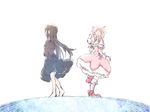  akemi_homura bad_id bad_pixiv_id barefoot black_hair bow bubble_skirt dress from_behind funeral_dress gloves hair_bow hairband hands_on_own_chest iwashi_(ankh) kaname_madoka kneehighs long_hair magical_girl mahou_shoujo_madoka_magica mahou_shoujo_madoka_magica_movie multiple_girls pink_hair running short_hair short_twintails simple_background skirt spoilers twintails walking_away white_background white_gloves white_legwear yuri 