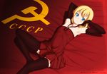  2013 armpits blonde_hair communism elbow_gloves flat_chest gloves halterneck hammer_and_sickle highres kama_iruka long_legs original red_gloves red_legwear short_hair solo thighhighs zettai_ryouiki 