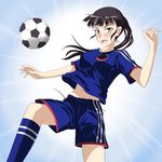  2014_fifa_world_cup alternate_costume ball black_hair blush heterochromia highres jatts looking_at_viewer md5_mismatch midriff ponytail sakamoto_mio shorts soccer soccer_ball soccer_uniform solo sportswear strike_witches uniform world_cup world_witches_series 