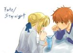  1boy 1girl ahoge blonde_hair couple emiya_shirou fate/stay_night fate/zero fate_(series) gold_eyes green_eyes hair_ribbon raglan_sleeves red_hair ribbon saber yellow_eyes 