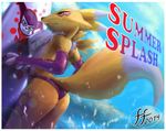  anthro beach breasts canine digimon female fernando_faria fox fur impmon looking_at_viewer mammal renamon seaside side_boob smirk splash summer surf_board text water white_fur yellow_fur 