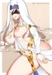  1girl bangs blindfold blonde_hair breasts commentary detached_sleeves dress english_commentary goblin_slayer! grin hair_between_eyes headdress jewelry large_breasts long_hair lying navel necklace nipples on_side open_mouth parted_lips pussy smile solo stomach sword_maiden thighs tofuubear topless white_dress 