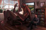  book bookshelf chair claws dragon dragonnis facial_hair horn human humor male mammal painting psychiatrist red_eyes size_difference sofa therapy tissues tree window 