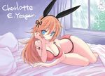  :3 animal_ears blanket blue_eyes bra breasts bunny_ears charlotte_e_yeager cleavage hair_ribbon highres kumakou large_breasts lingerie long_hair looking_at_viewer lying off_shoulder orange_hair panties pillow rain ribbon solo strike_witches teruterubouzu underwear underwear_only world_witches_series 