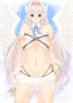  angel_wings bad_id bad_pixiv_id blue_eyes blush bow bowtie breasts bridal_gauntlets detached_collar hairband head_wings heart heart-shaped_pupils large_breasts long_hair nipples open_mouth original panties ran_komomo see-through simple_background skirt solo symbol-shaped_pupils tears underwear white_panties wings 