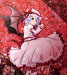  bat_wings blue_hair bow chitose_(usacan) dress frilled_shirt frilled_shirt_collar frilled_sleeves frills hat hat_bow hat_ribbon highres juliet_sleeves lace long_sleeves looking_at_viewer lying mob_cap on_side petals pink_dress puffy_sleeves red_bow red_eyes red_footwear red_ribbon remilia_scarlet ribbon sash shirt shoes short_hair solo tile_floor tiles touhou wings 