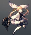  animal_ear_fluff animal_ears blade_&amp;_soul blonde_hair full_body highres jewelry junwool long_hair looking_at_viewer lyn_(blade_&amp;_soul) mary_janes shoes simple_background single_earring smile solo tail twintails weapon 