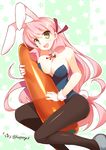  akashi_(kantai_collection) alternate_costume animal_ears bare_shoulders black_legwear blush breasts bunny_ears bunny_girl bunny_tail bunnysuit carrot cleavage detached_collar green_eyes hair_ribbon highres hoppege kantai_collection large_breasts long_hair looking_at_viewer open_mouth pantyhose pink_hair ribbon smile solo tail very_long_hair wrist_cuffs 