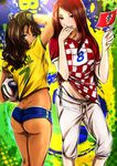  2girls ass ball brazil brazuca brown_eyes brown_hair cherry_in_the_sun croatia highres long_hair multiple_girls original panties short_shorts shorts soccer soccer_ball soccer_uniform sportswear underwear world_cup 