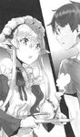  1girl bow elf greyscale hair_bow headdress kanou_shin'ichi long_hair maid monochrome myucel_foalan open_mouth outbreak_company pointy_ears shirt short_hair tea teapot twintails very_long_hair yuugen 