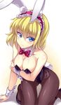  alice_margatroid animal_ears arm_support bare_shoulders black_footwear black_legwear blonde_hair blue_eyes blush bow bowtie breast_hold breast_squeeze breasts bunny_ears bunny_girl bunny_tail bunnysuit buttons cleavage detached_collar fake_animal_ears frills hairband holding_arm knees_together knees_together_feet_apart knees_touching large_breasts leaning_forward leotard looking_away pantyhose ribbon shoes short_hair side-tie_leotard simple_background solo tail thigh_gap touhou touya_(the-moon) wavy_mouth white_background wrist_cuffs 