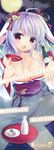  2014 :d absurdres ahoge alcohol animal_ears areola_slip areolae ariko_youichi blue_hair breasts brown_eyes bunny_ears calendar_(medium) censored cleavage dango dengeki_moeou drunk food full_moon hair_ornament highres huge_filesize japanese_clothes kimono large_breasts looking_at_viewer moon night night_sky open_mouth partially_submerged sake scan september sky smile wagashi 