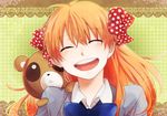  bow closed_eyes gekkan_shoujo_nozaki-kun hair_bow hair_ribbon happy long_hair mmk_okikami orange_hair polka_dot polka_dot_bow raccoon ribbon rouman_academy_uniform sakura_chiyo school_uniform smile tanuki 