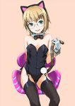  animal_ears bare_shoulders blonde_hair cat_ears cat_tail character_request detached_collar flat_chest garter_straps glasses gloves green_eyes leotard open_mouth phantasy_star phantasy_star_online_2 short_hair sitting smile sody solo tail thighhighs white_gloves 