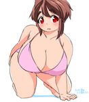 2014 arm_behind_back arm_support bad_id bad_pixiv_id banned_artist bikini blush breasts brown_hair cleavage dated eno_konoe eyebrows hair_up hanging_breasts huge_breasts kneeling looking_at_viewer mikomu open_mouth original pink_bikini plump red_eyes short_hair signature simple_background solo swimsuit thick_eyebrows white_background 
