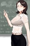  blush breasts brown_eyes brown_hair chalkboard large_breasts looking_at_viewer ogros see-through shirt solo teacher wet wet_clothes wet_shirt 