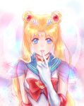  bangs bishoujo_senshi_sailor_moon blonde_hair blue_eyes blue_sailor_collar bow choker crescent_moon doily double_bun dr.chopper_(dalryu00) elbow_gloves finger_to_mouth gloves gradient gradient_background long_hair looking_at_viewer moon parted_bangs red_bow red_choker sailor_collar sailor_moon sailor_senshi_uniform see-through solo super_sailor_moon tsukino_usagi twintails white_gloves 