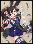  2014_fifa_world_cup alternate_costume bird_tail black_hair head_wings hi-ho- japan japanese_clothes looking_at_viewer ponytail sakamoto_mio soccer soccer_uniform solo sportswear strike_witches sword tail uniform weapon world_cup world_witches_series 