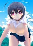  ahoge bad_id bad_pixiv_id blue_sky breasts cloud collar day haruta_(806060) large_breasts leaning_forward original red_eyes school_uniform short_hair skirt sky solo spiked_collar spikes 