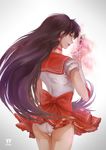  2014 artist_name ass back_bow bishoujo_senshi_sailor_moon black_hair bow dated earrings from_behind gloves highres hino_rei jewelry long_hair looking_back ofuda panties pleated_skirt profile purple_eyes red_sailor_collar red_skirt sailor_collar sailor_mars sailor_senshi_uniform sideways_glance skirt skirt_lift solo star underwear very_long_hair white_gloves white_panties yf 