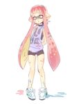  domino_mask inkling laces long_hair mask open_mouth pink_eyes pink_hair pointy_ears shirt shoes short_hair_with_long_locks shorts sidelocks sleeveless sleeveless_shirt solo splatoon_(series) splatoon_1 standard_relic 
