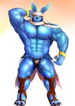  3_toes abs anthro anubian_jackal anubis_kruger armpits bandage biceps big_muscles bracelet bulge canine claws ear_piercing footwear gradient_background hand_behind_head iceman1984 jackal jewelry male mammal muscles nipples pecs piercing plain_background sandals solo standing toe_claws yellow_eyes 