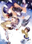  absurdres artist_name black_legwear boots bow bowtie brown_hair bus cardigan copyright_request gloves grey_hair ground_vehicle hat highres jewelry motor_vehicle multiple_girls open_mouth purple_eyes short_hair skirt snow sweater winter winter_uniform yuugen 